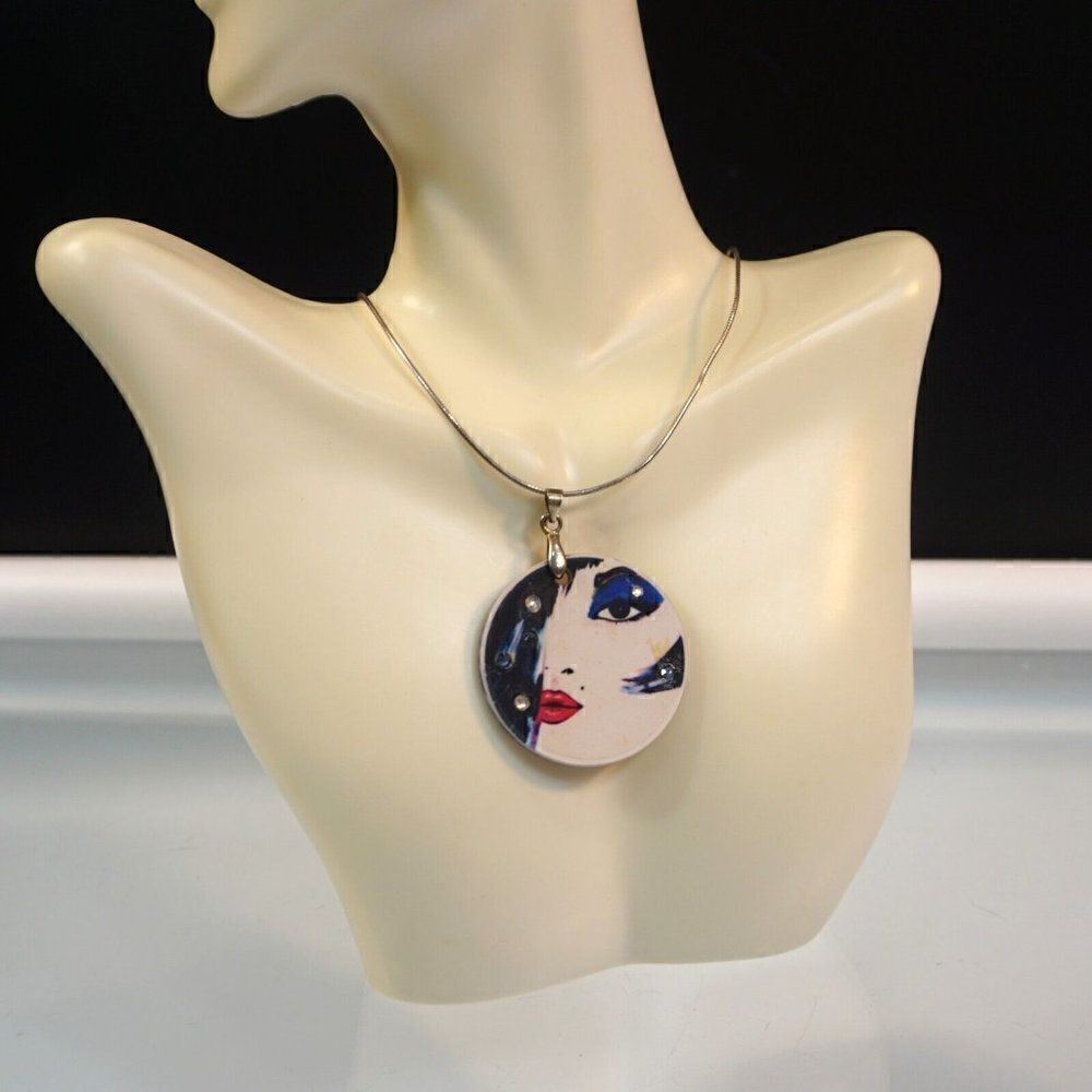 April Anselona Signed Pendant Necklace Double Sided Signed 925 Silver Chain